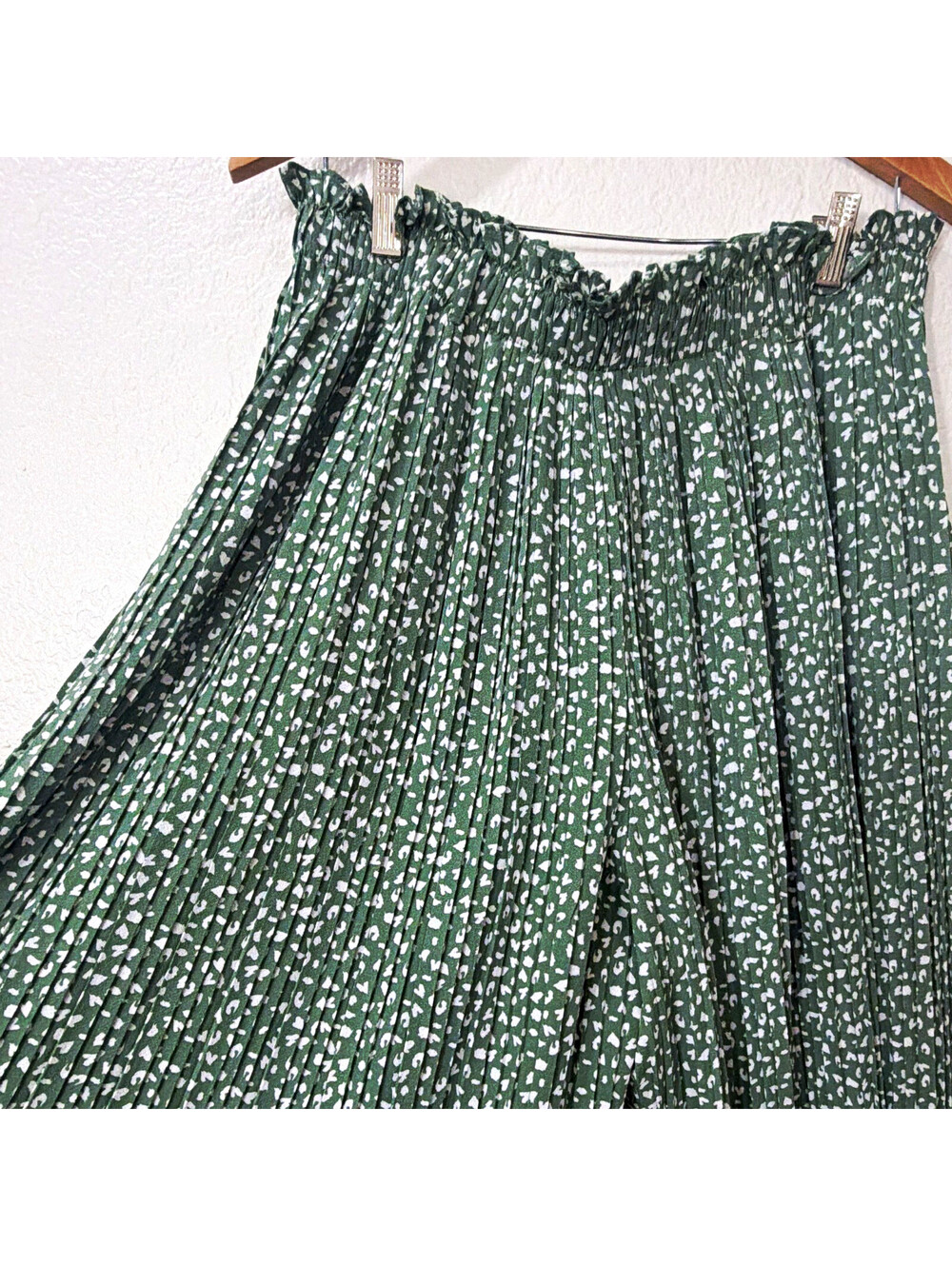 aliceblue Women's XL Green/White Animal Print Pleated Midi Skirt Elastic Bow